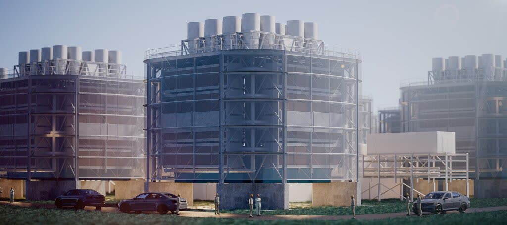 Rendering of large circular direct air capture units on an industrial site