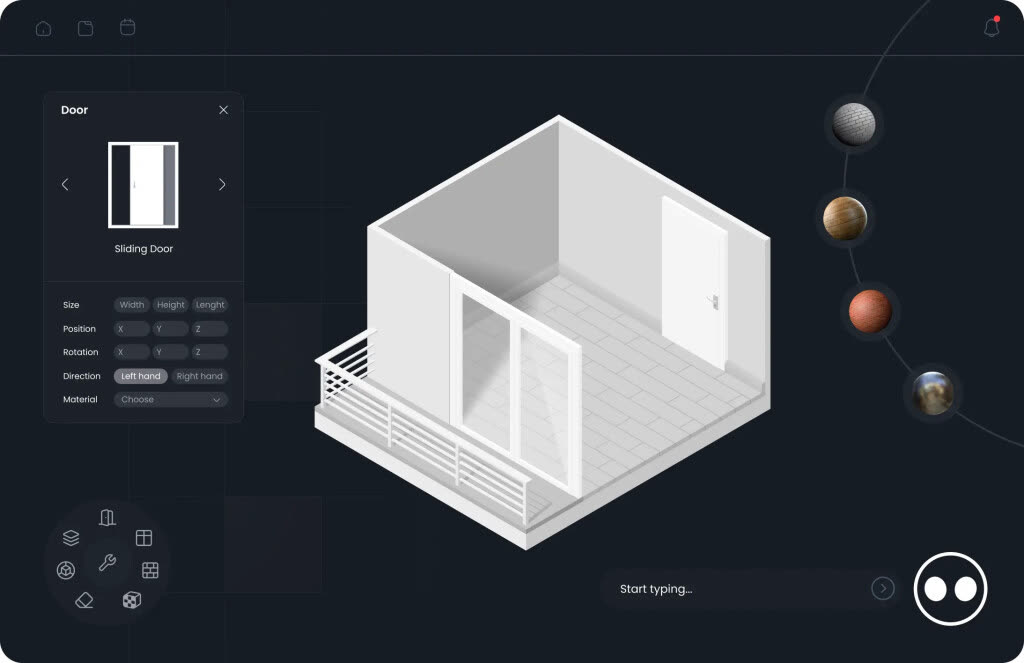 A three-dimensional room model being edited in a design interface