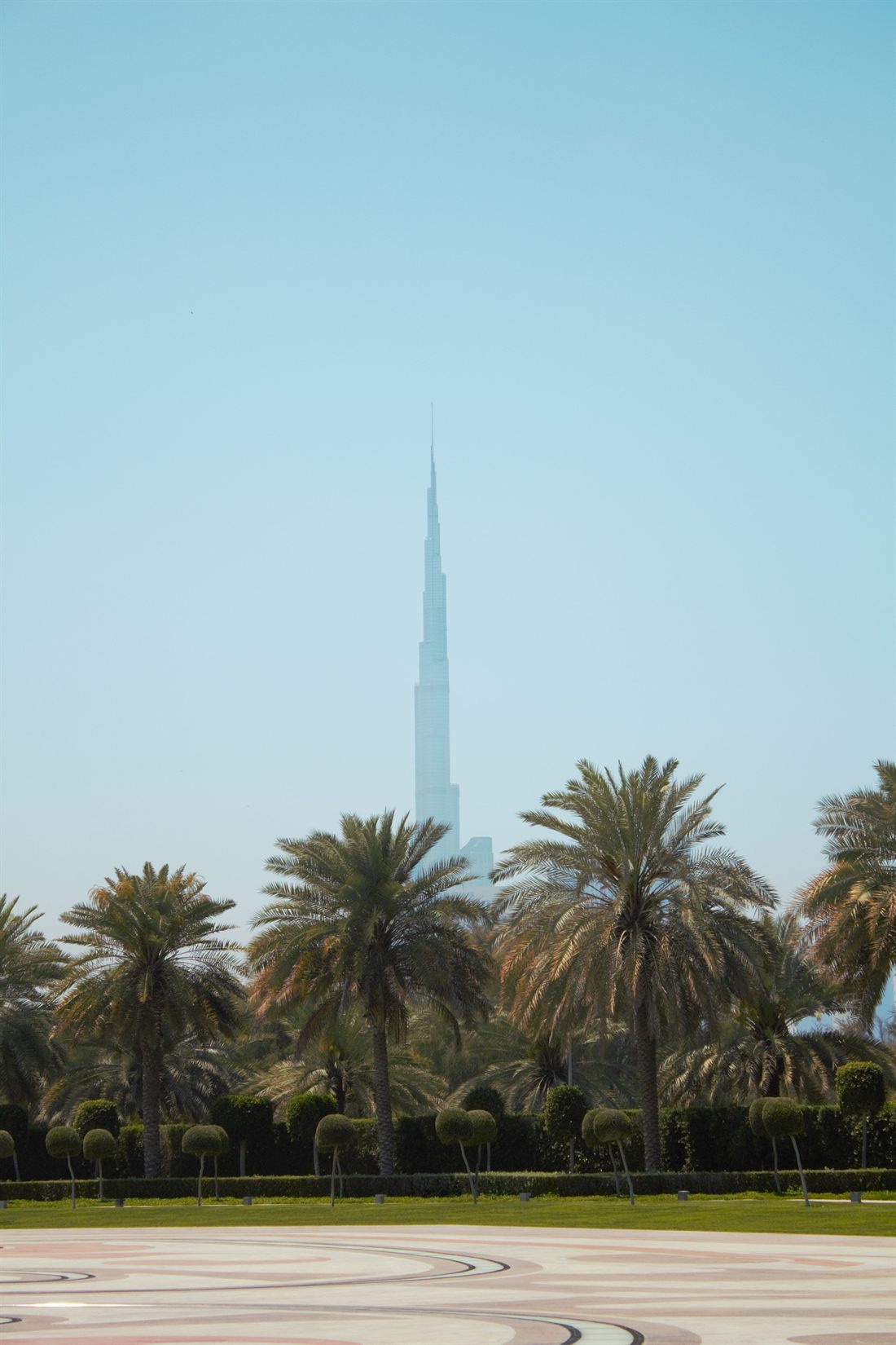 The Burj Khalifa rising above palm trees in Dubai
