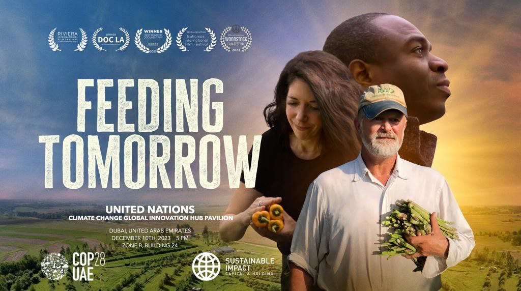 Poster for the private screening of Feeding Tomorrow at COP28, with festival laurels above the title